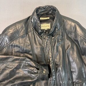 Fabiani Leather Jacket Men's Sz XL Black Pockets Lined Buttoned Heavy Coat Nylon